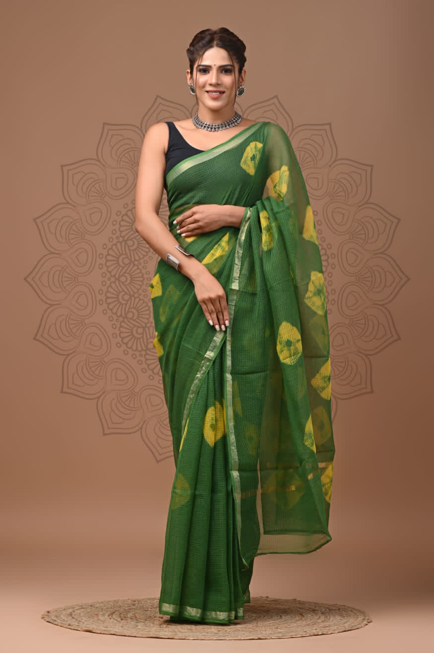 PJNV25A191 Green Pure Block Print Kota Doria Saree