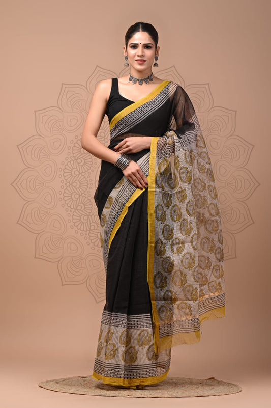 PJNV25A192 Black Pure Block Print Kota Doria Saree