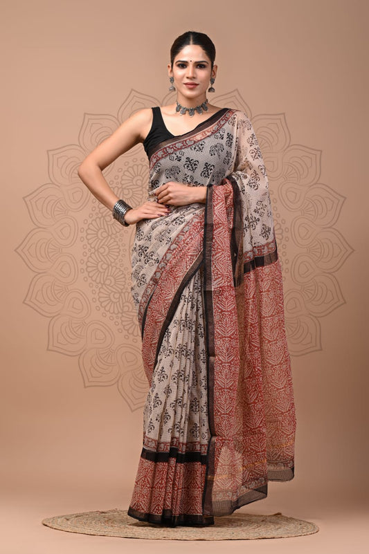 PJNV25A193 Cream Pure Block Print Kota Doria Saree