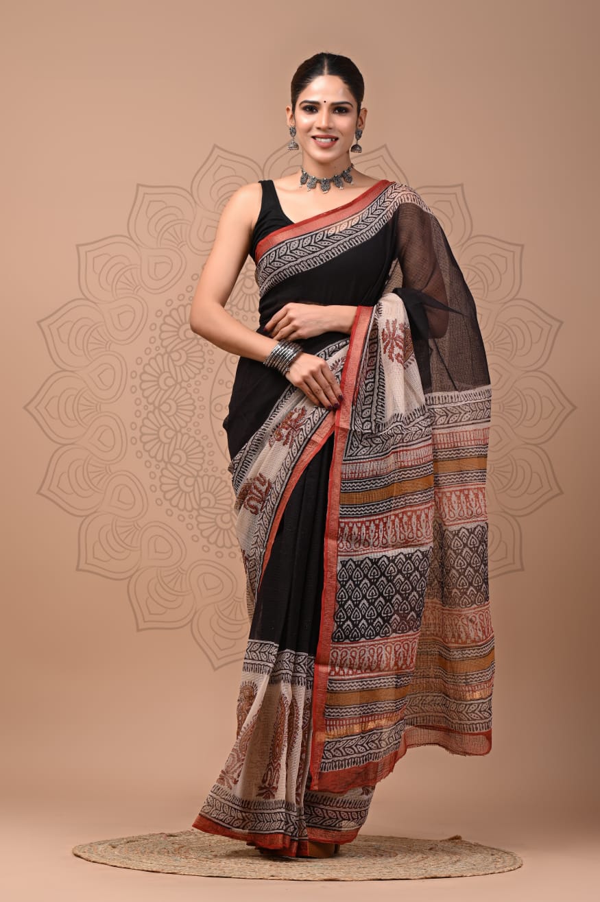 PJNV25A196 Black Pure Block Print Kota Doria Saree