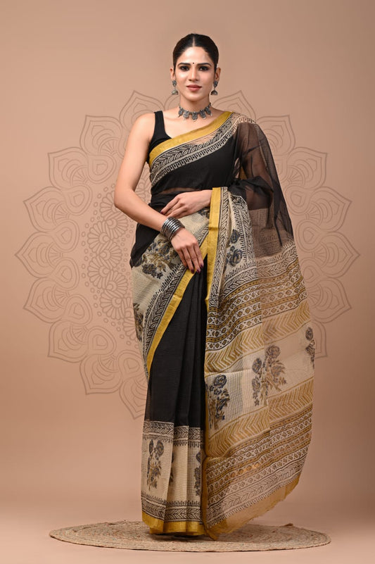 PJNV25A197 Black Pure Block Print Kota Doria Saree