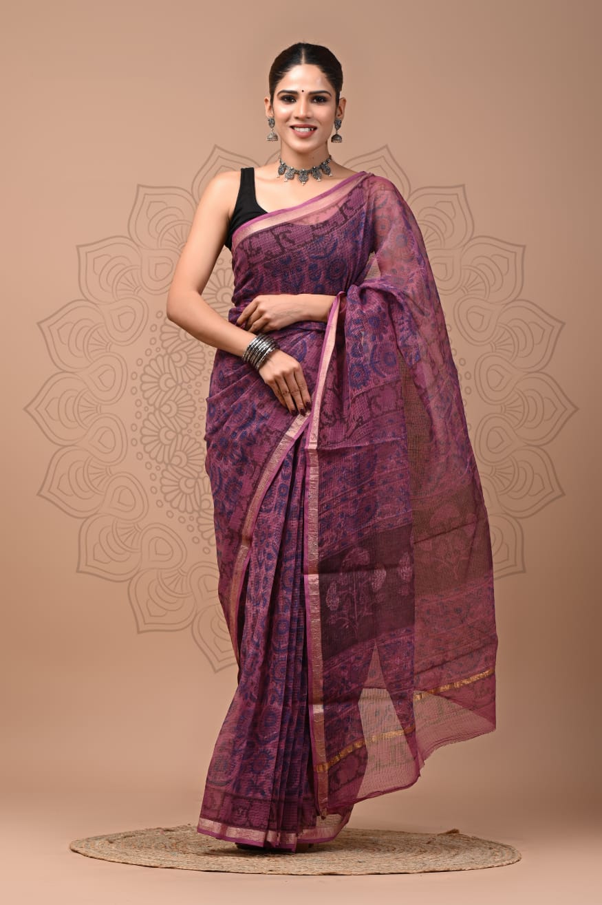 PJNV25A198 Purple Pure Block Print Kota Doria Saree