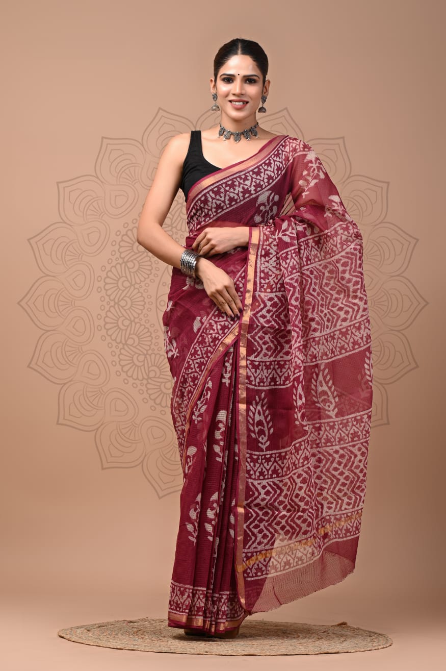 PJNV25A199 Maroon Pure Block Print Kota Doria Saree
