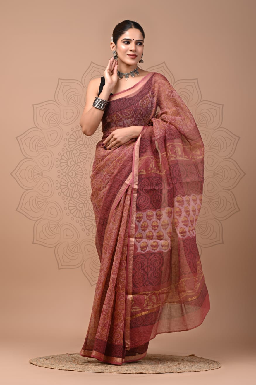PJNV25A200 Maroon Pure Block Print Kota Doria Saree