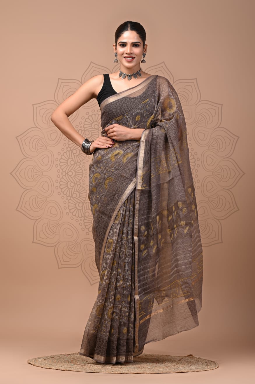PJNV25A201 Grey Pure Block Print Kota Doria Saree