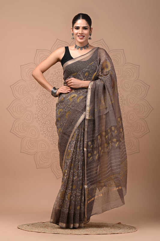 PJNV25A201 Grey Pure Block Print Kota Doria Saree