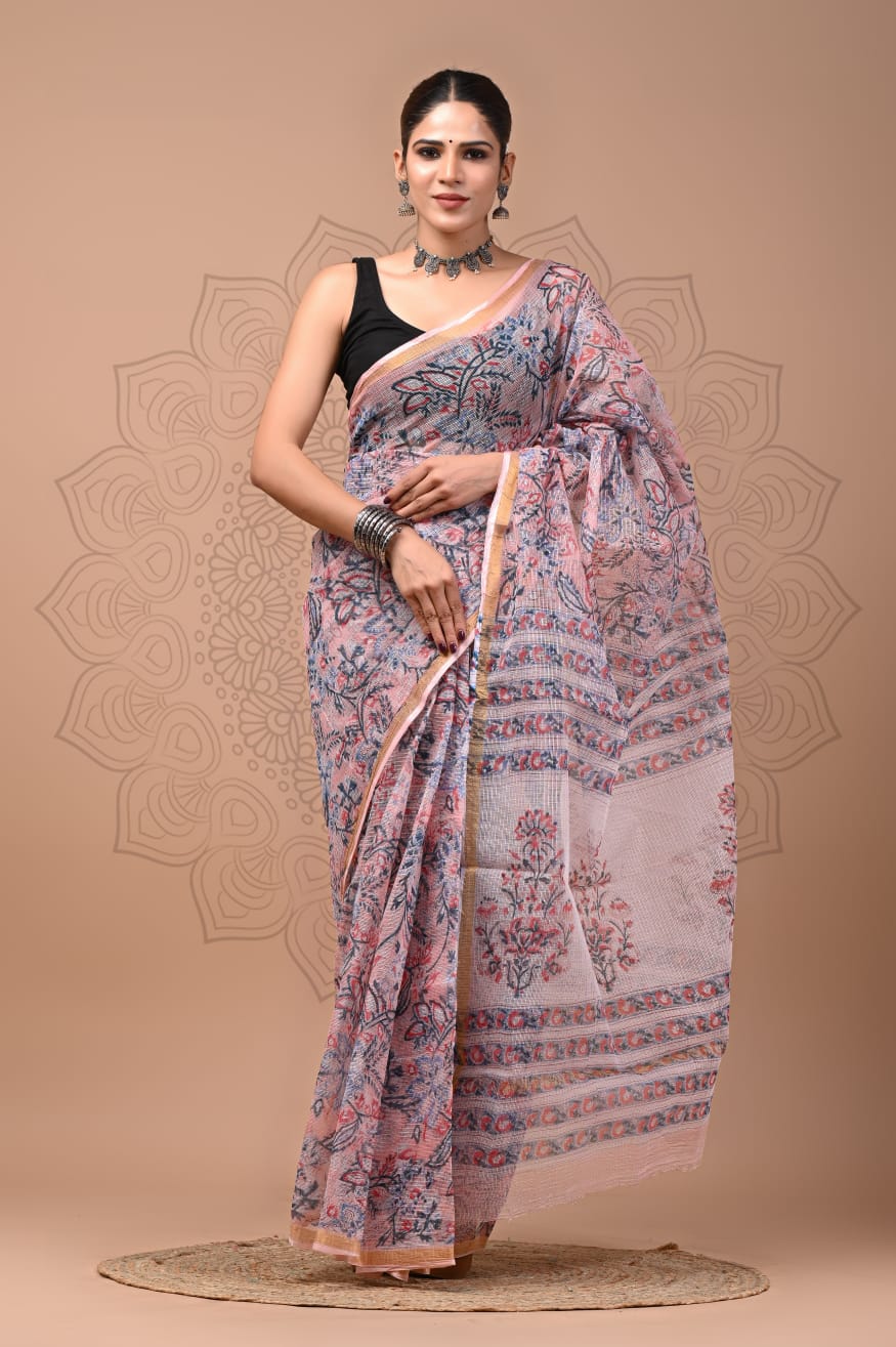 PJNV25A203 Dusty Rose Pure Block Print Kota Doria Saree