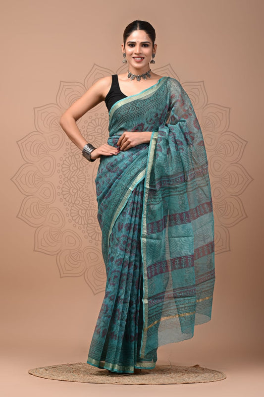 PJNV25A204 Deep Teal Pure Block Print Kota Doria Saree