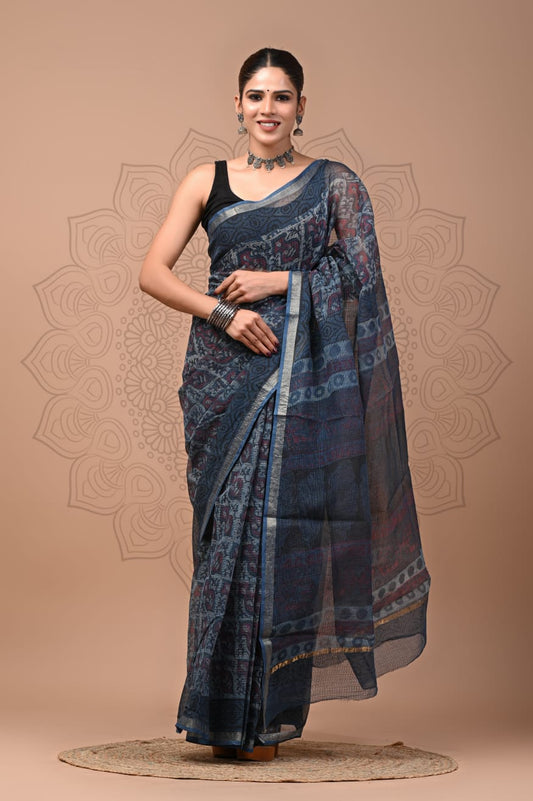 PJNV25A206 Navy Blue Pure Block Print Kota Doria Saree