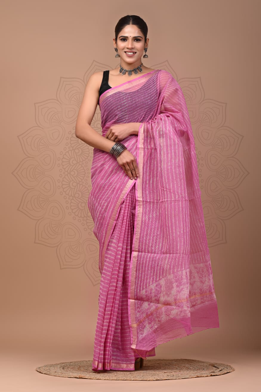 PJNV25A211 Pink Pure Block Print Kota Doria Saree