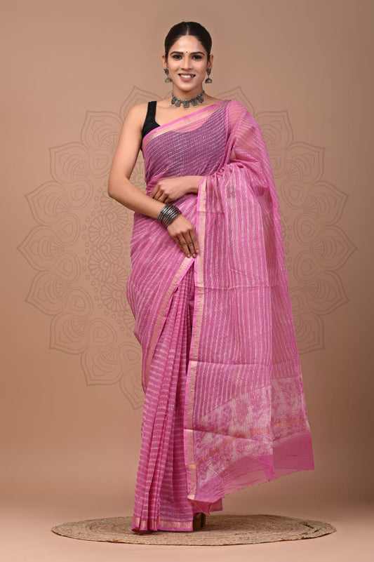 PJNV25A211 Pink Pure Block Print Kota Doria Saree