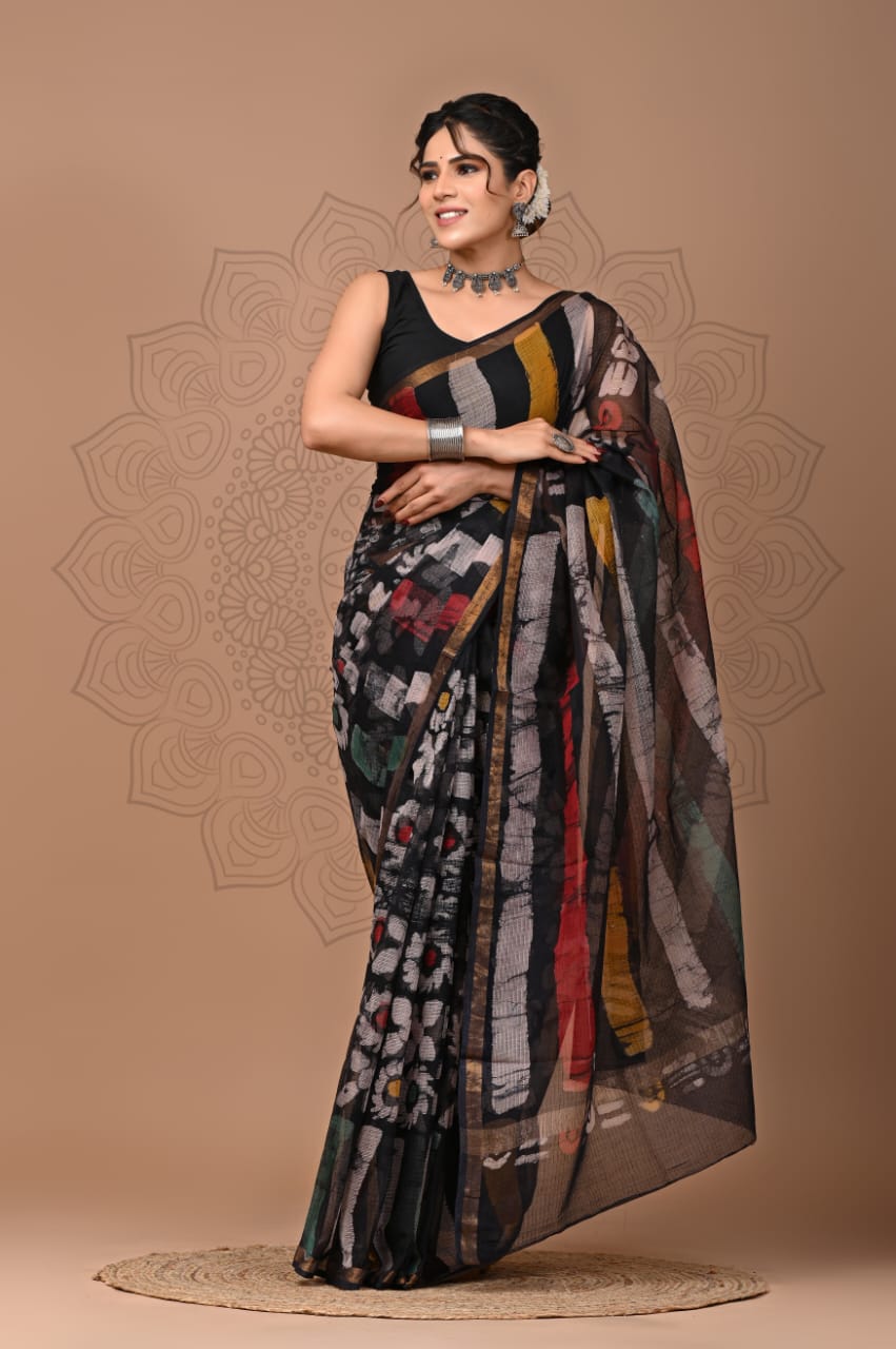 PJNV25A212 Black Pure Block Print Kota Doria Saree