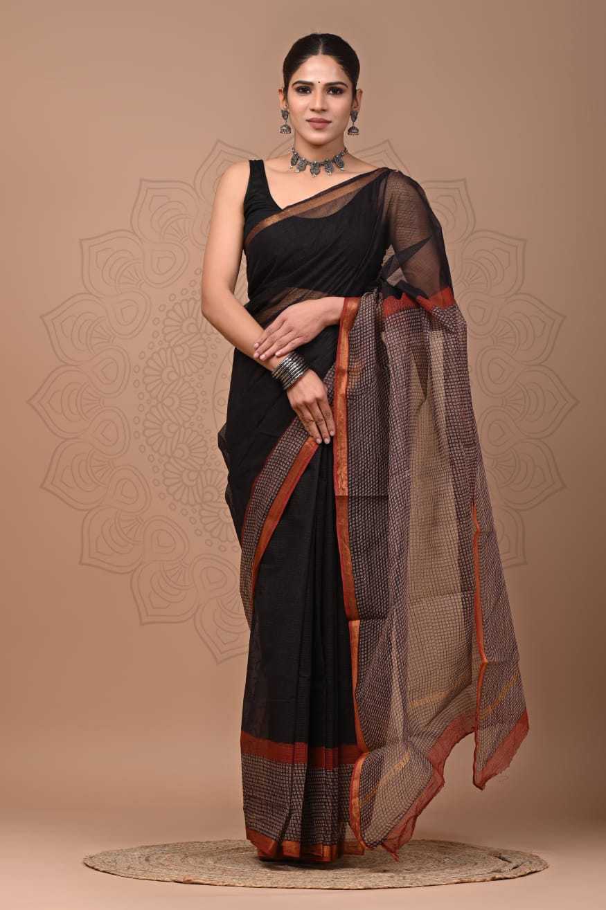 PJNV25A213 Black Pure Block Print Kota Doria Saree