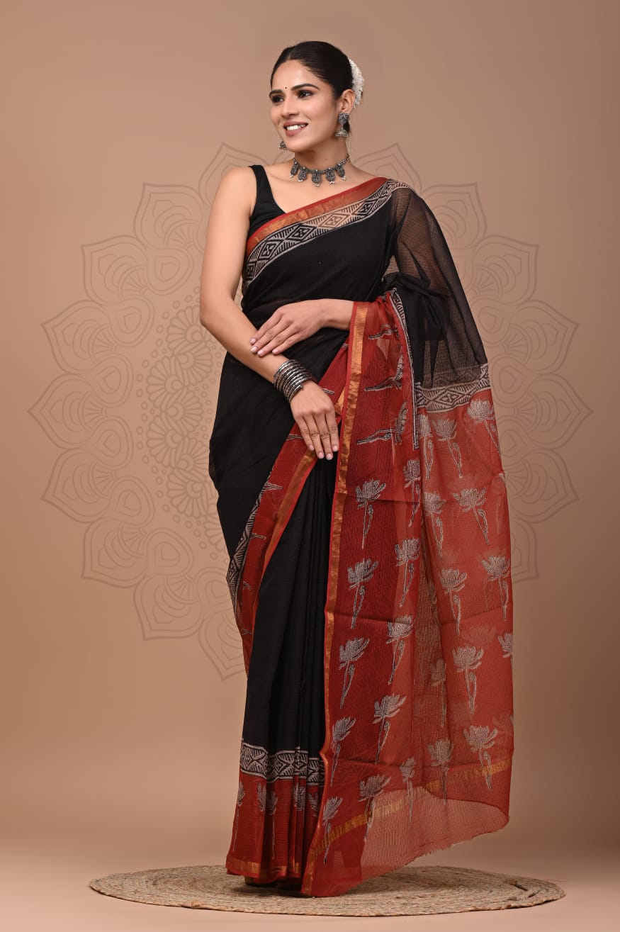 PJNV25A214 Black Pure Block Print Kota Doria Saree