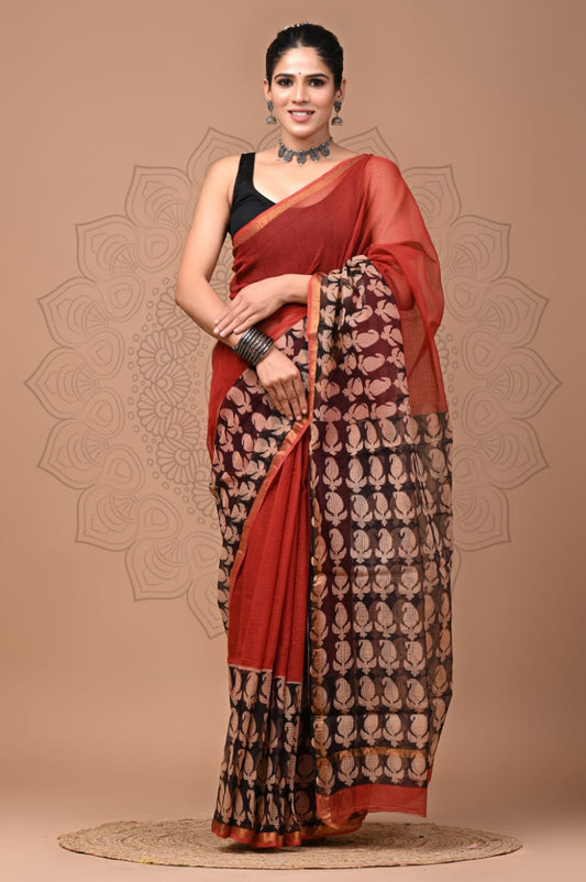 PJNV25A216 Rust Red Pure Block Print Kota Doria Saree
