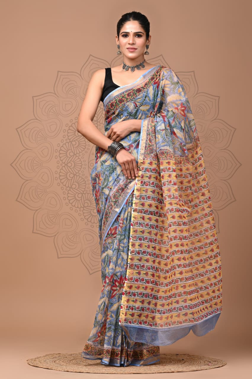 PJNV25A217 Blue Pure Block Print Kota Doria Saree