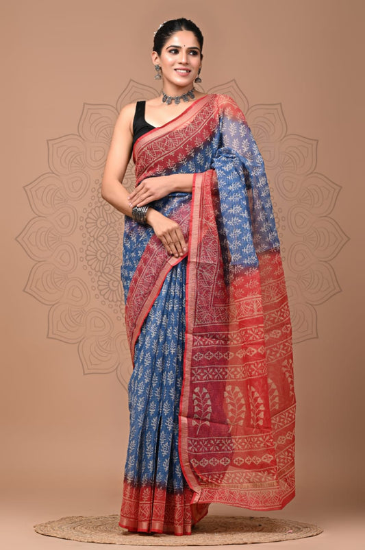 PJNV25A218 Blue Pure Block Print Kota Doria Saree