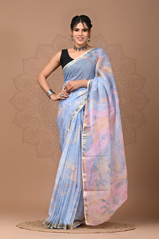 PJNV25A219 Sky Blue Pure Block Print Kota Doria Saree