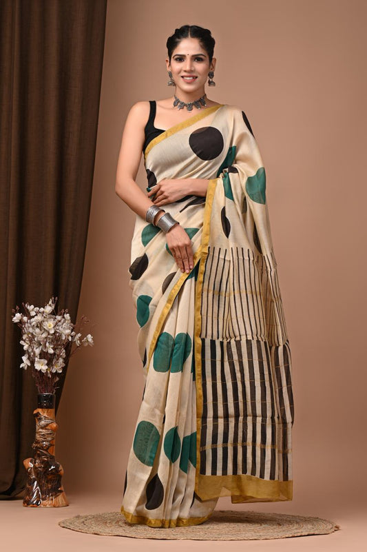 PJNV25A222 Cream Pure Hand Block Printed Chanderi Silk Saree