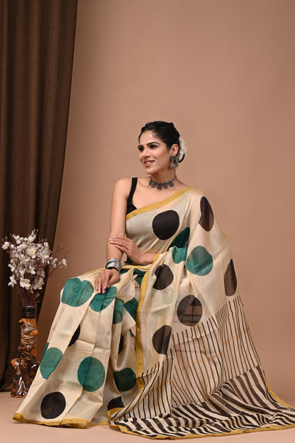 PJNV25A222 Cream Pure Hand Block Printed Chanderi Silk Saree