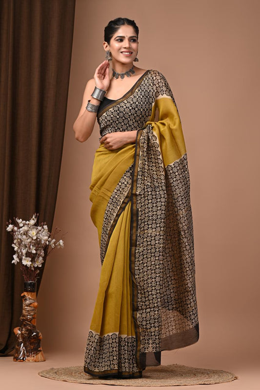 PJNV25A223 Mustard Yellow Pure Hand Block Printed Chanderi Silk Saree