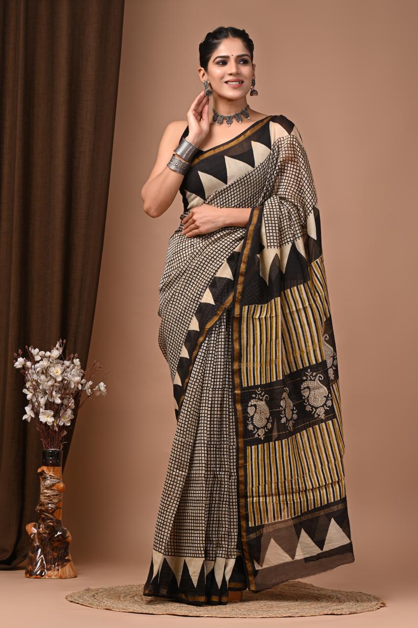 PJNV25A224 Cream Pure Hand Block Printed Chanderi Silk Saree