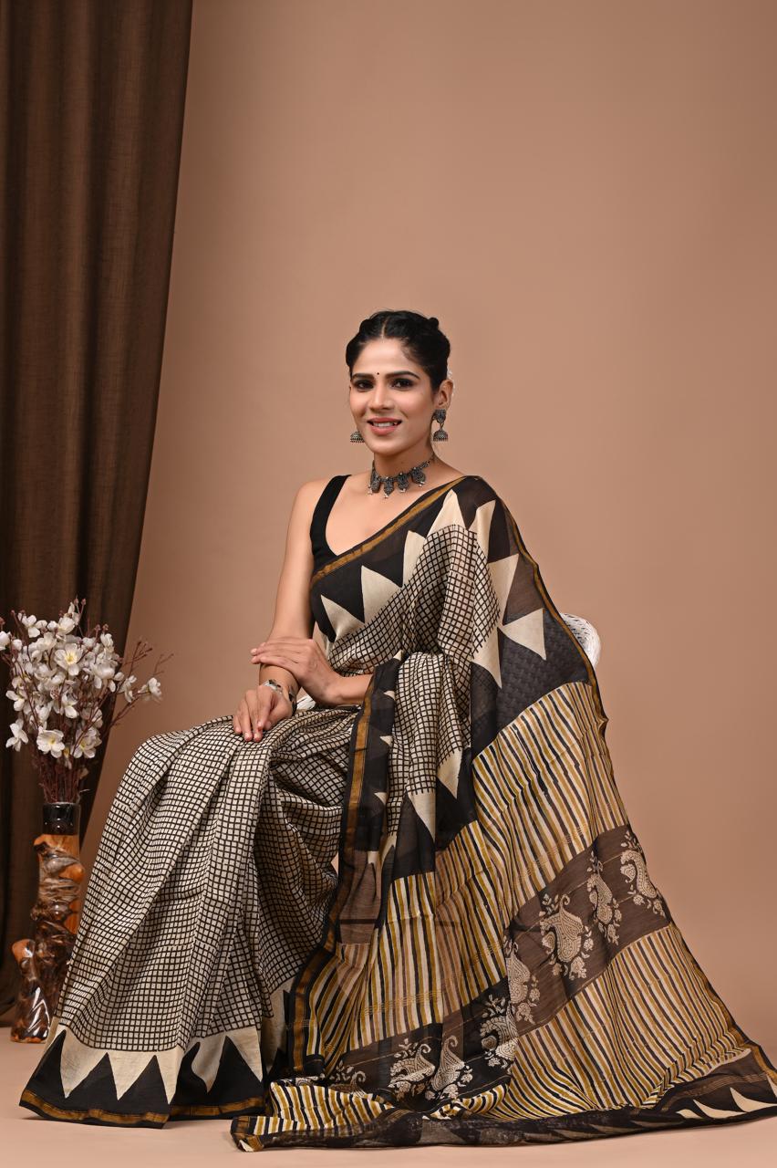 PJNV25A224 Cream Pure Hand Block Printed Chanderi Silk Saree