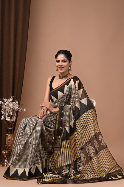 PJNV25A224 Cream Pure Hand Block Printed Chanderi Silk Saree