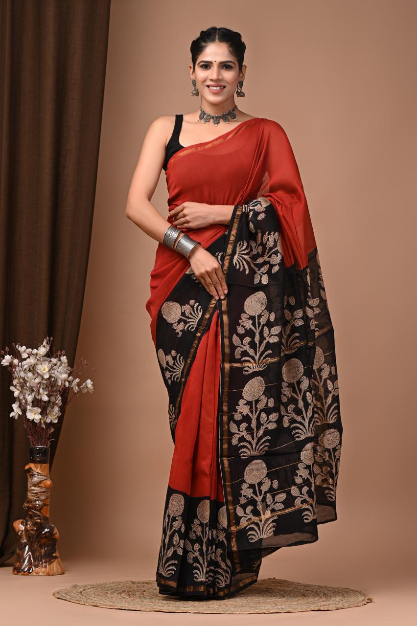 PJNV25A225 Red Pure Hand Block Printed Chanderi Silk Saree