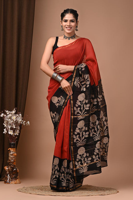 PJNV25A225 Red Pure Hand Block Printed Chanderi Silk Saree