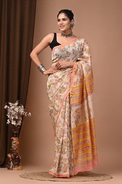 PJNV25A227 Off-White Pure Hand Block Printed Chanderi Silk Saree