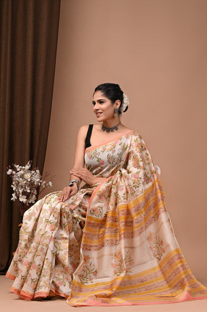 PJNV25A227 Off-White Pure Hand Block Printed Chanderi Silk Saree