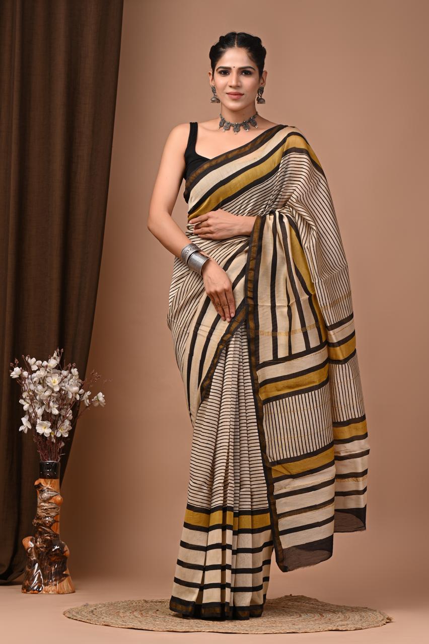 PJNV25A228 Cream Pure Hand Block Printed Chanderi Silk Saree