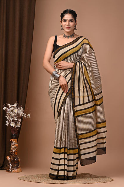 PJNV25A228 Cream Pure Hand Block Printed Chanderi Silk Saree