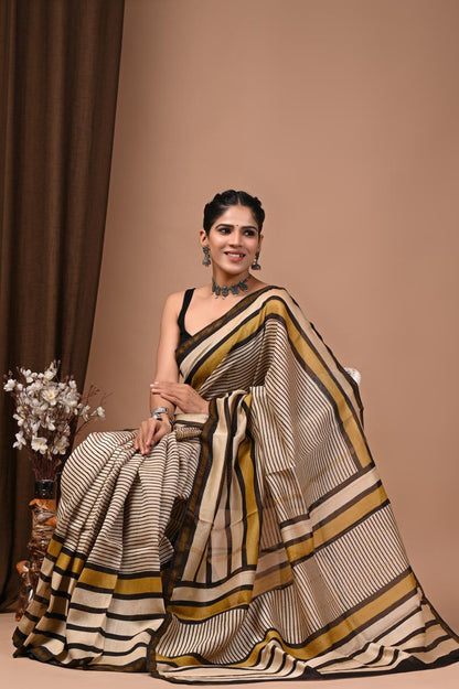 PJNV25A228 Cream Pure Hand Block Printed Chanderi Silk Saree