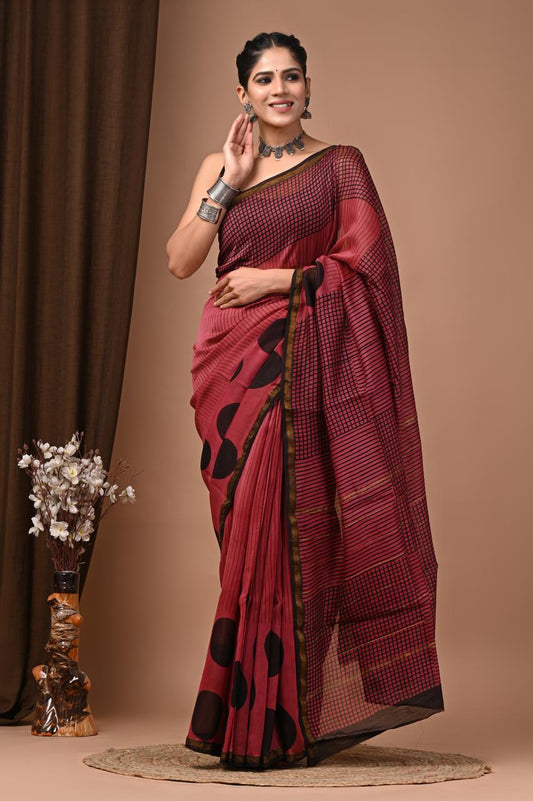 PJNV25A229 Brownish Red Pure Hand Block Printed Chanderi Silk Saree