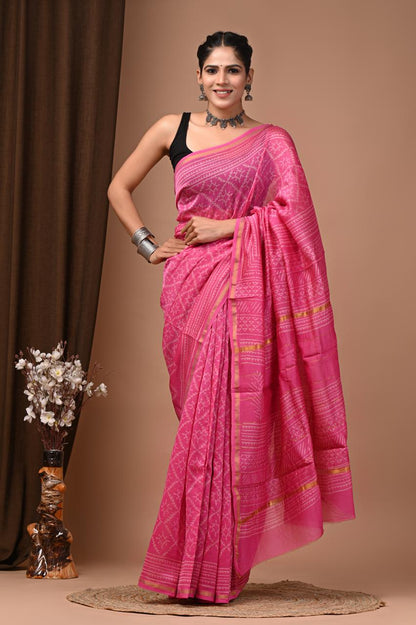 PJNV25A230 Pink Pure Hand Block Printed Chanderi Silk Saree