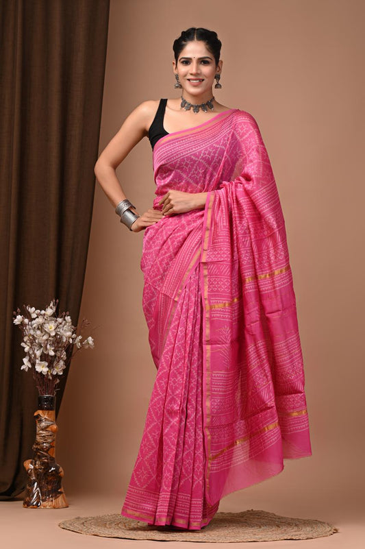 PJNV25A230 Pink Pure Hand Block Printed Chanderi Silk Saree