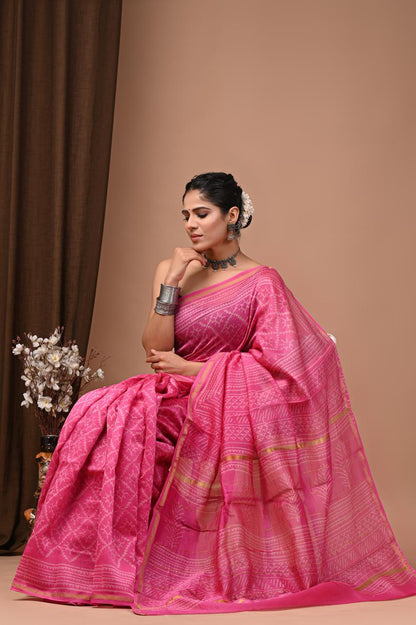 PJNV25A230 Pink Pure Hand Block Printed Chanderi Silk Saree