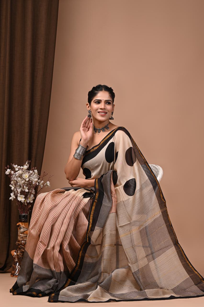 PJNV25A231 Cream Pure Hand Block Printed Chanderi Silk Saree