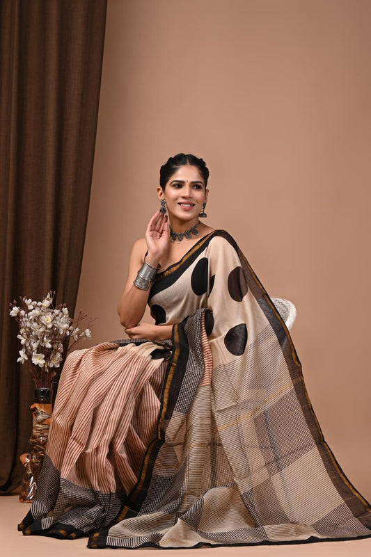 PJNV25A231 Cream Pure Hand Block Printed Chanderi Silk Saree