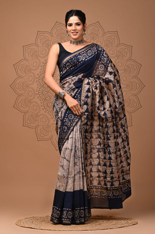 PJNV25A233 Beige Pure Hand Block Printed Chanderi Silk Saree