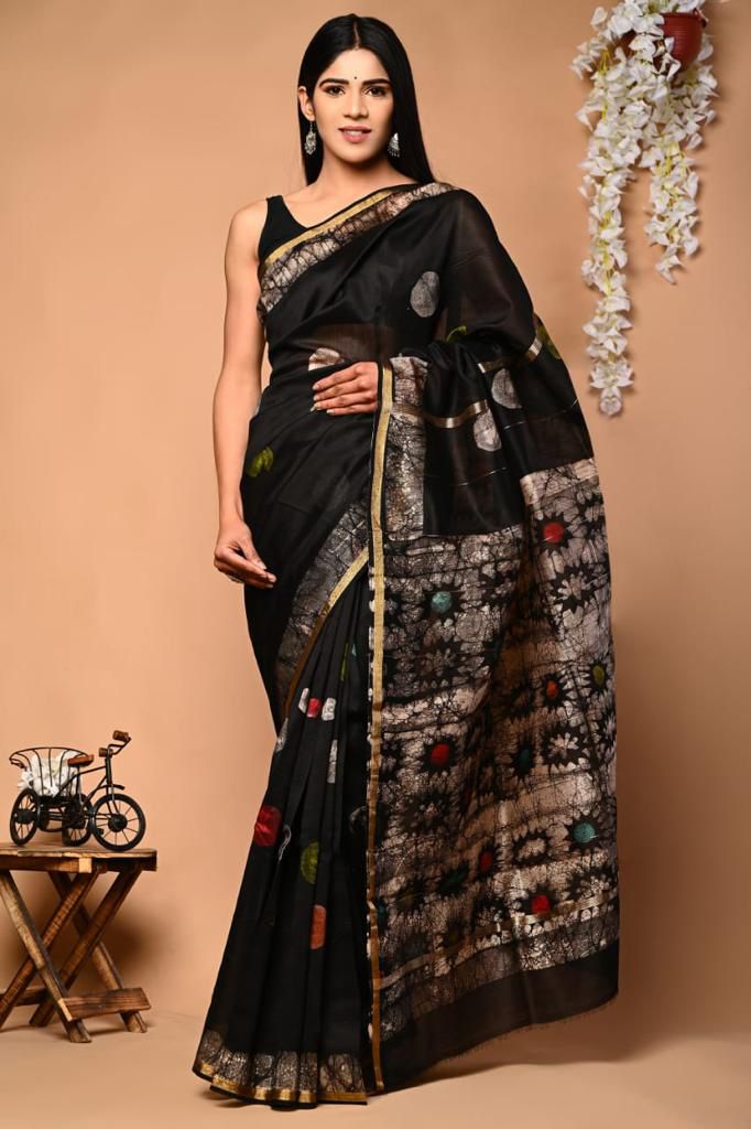 PJNV25A234 Black Pure Hand Block Printed Chanderi Silk Saree