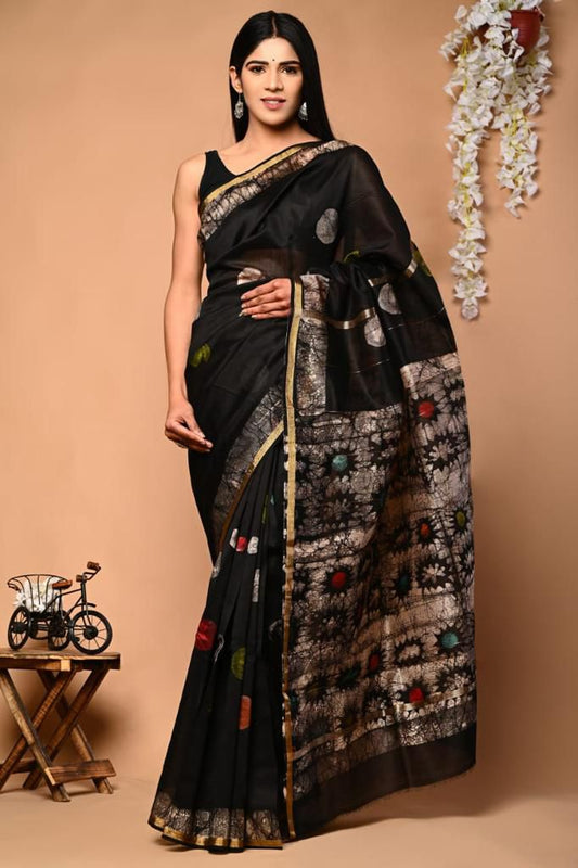 PJNV25A234 Black Pure Hand Block Printed Chanderi Silk Saree