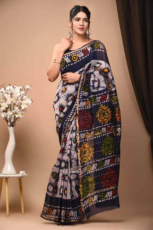 PJNV25A235 Off-White Pure Hand Block Printed Chanderi Silk Saree