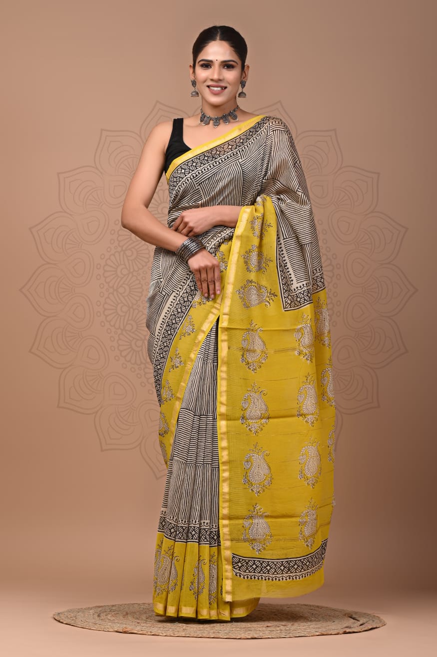 PJNV25A238 Black Pure Hand Block Printed Chanderi Silk Saree