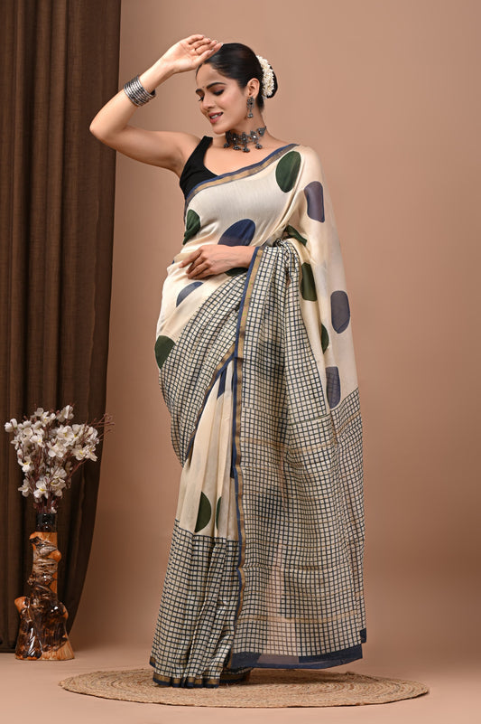PJNV25A240 Beige Pure Hand Block Printed Chanderi Silk Saree