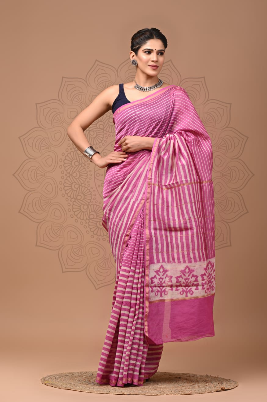 PJNV25A243 Pink Pure Hand Block Printed Chanderi Silk Saree