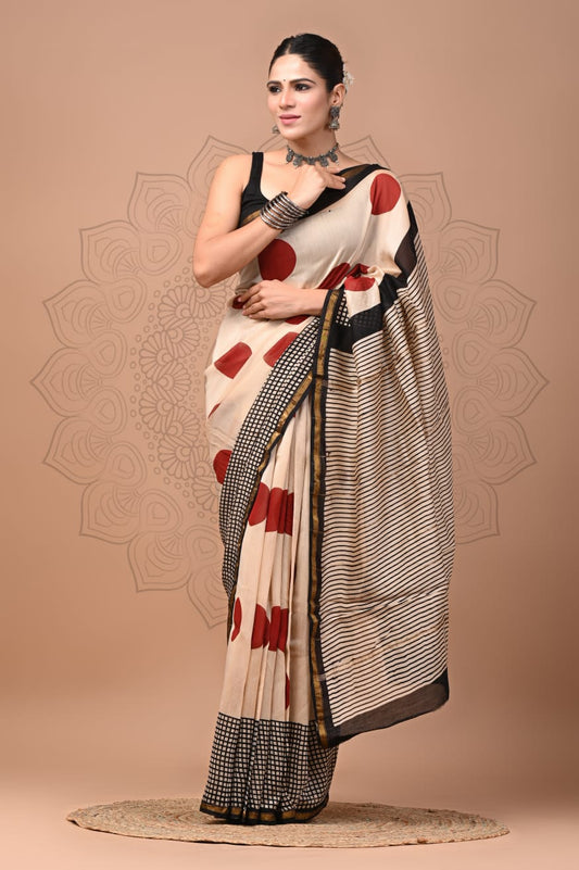 PJNV25A244 Beige Pure Hand Block Printed Chanderi Silk Saree
