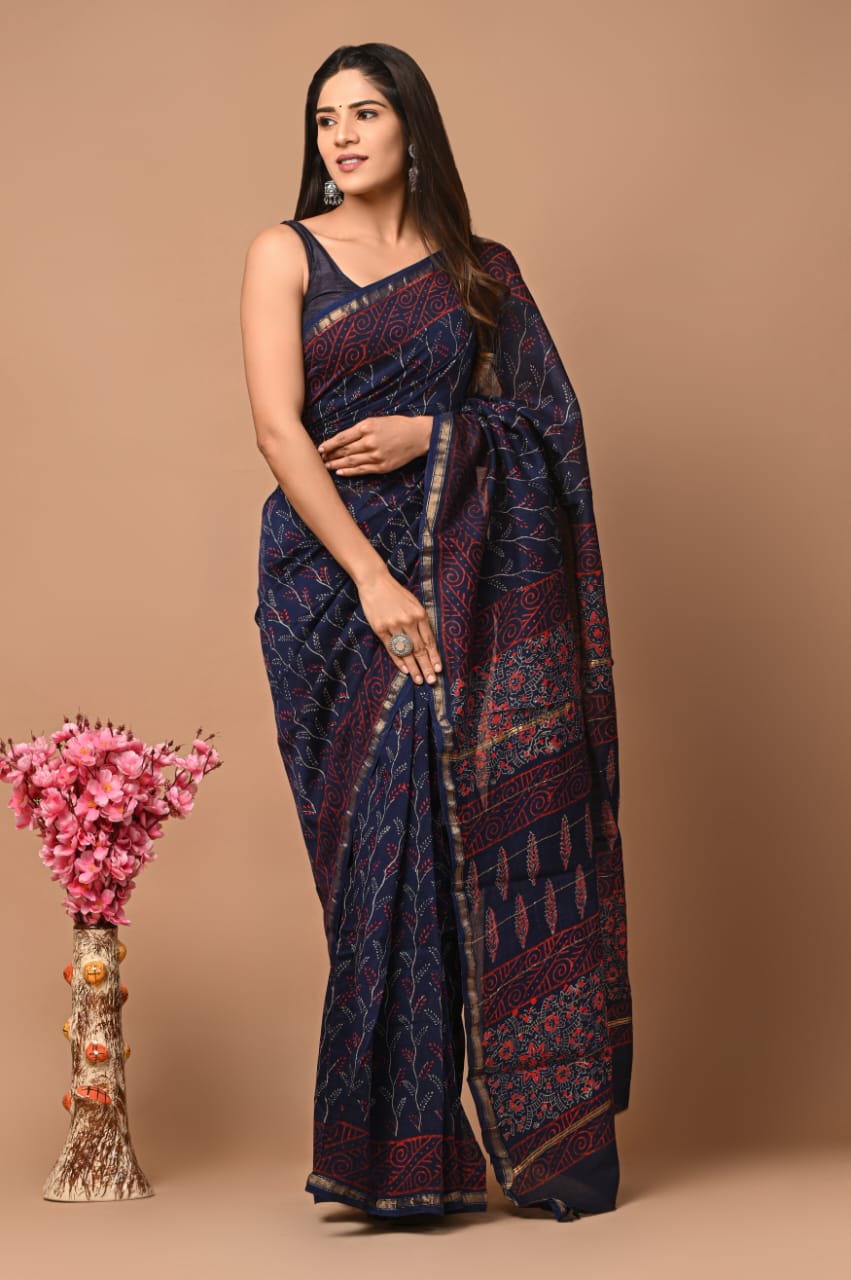 PJNV25A245 Navy Blue Pure Hand Block Printed Chanderi Silk Saree